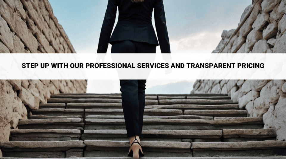 A Western woman in a business suit walking on stone steps of an ancient monument, symbolizing professionalism and progress.