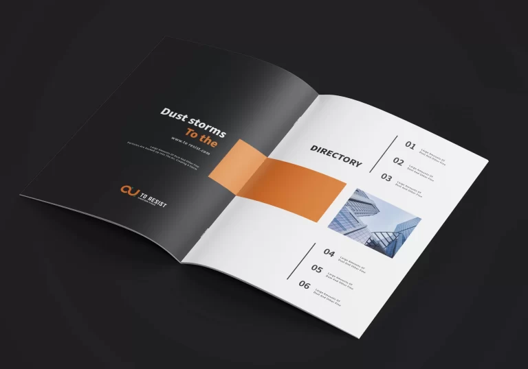 Mockup of an interior page template for an English corporate brochure with a clean, professional layout featuring text and image placeholders.