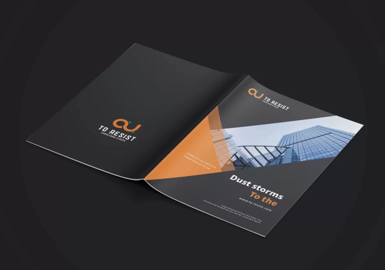 Mockup of an cover pages template for an English corporate brochure with a clean, professional layout featuring text and image placeholders.