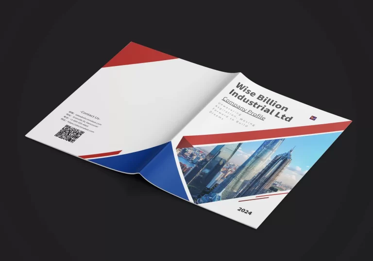 Mockup of Wise Billion Industrial Ltd company profile brochure, featuring a clean and professional design with the cover and interior pages displayed.