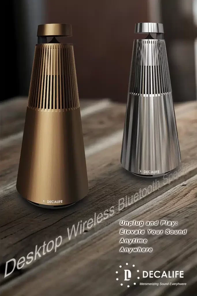 High-end metallic desktop wireless Bluetooth speakers on a rustic wooden table, showcasing depth and perspective