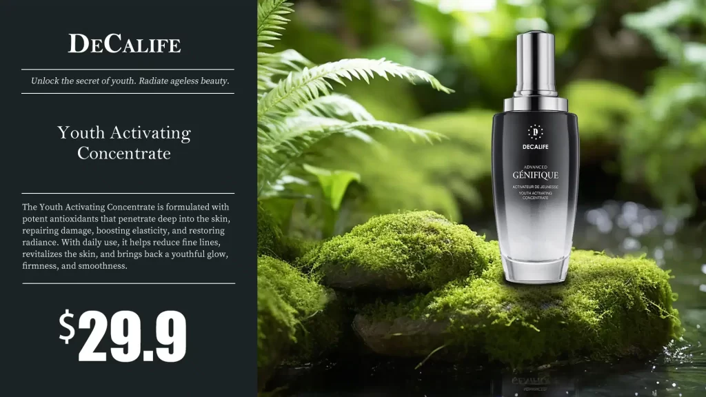 Youth Activating Concentrate poster with a product set in a natural green background, a stream flowing past, and text on the left side, creating a luxurious atmosphere