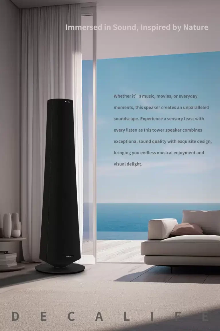 Vertical poster featuring a high-end towel speaker seamlessly integrated into a living room setting, next to a balcony with sandy decor and an ocean view under bright sunlight.