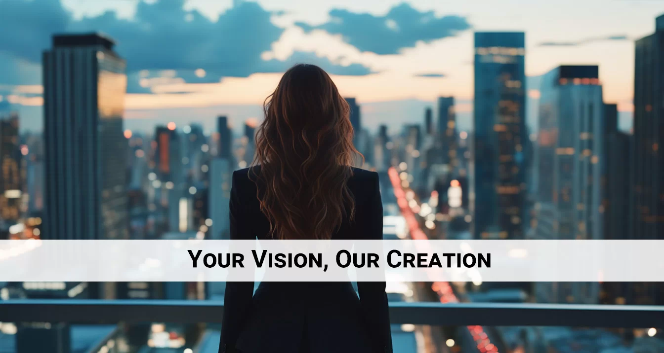 A woman in a business suit with her back turned, standing on the rooftop of a modern commercial building, overlooking the city at sunset, with a white banner and black text reading "Your Vision, Our Creation."