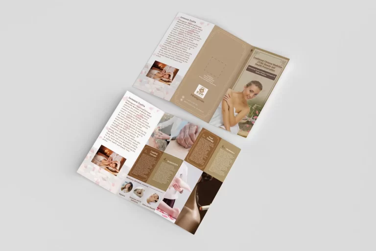 Tri-fold brochure for Traditional Chinese Medicine (TCM) therapies, introducing six types of therapy services