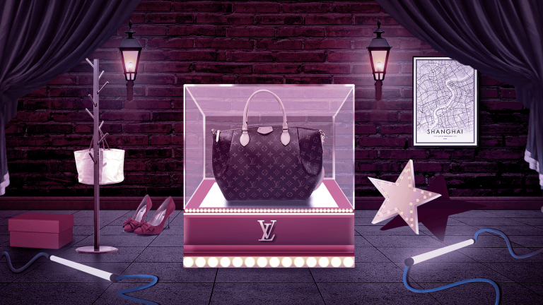 The e-commerce horizontal map of a woman's luxury handbag is displayed in a composite background scene.