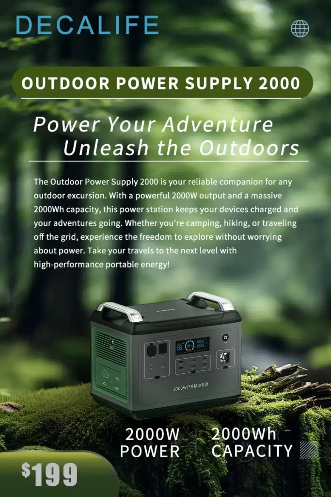 Product poster for a 2000W outdoor power supply in a green forest, representing outdoor usage and long-lasting performance
