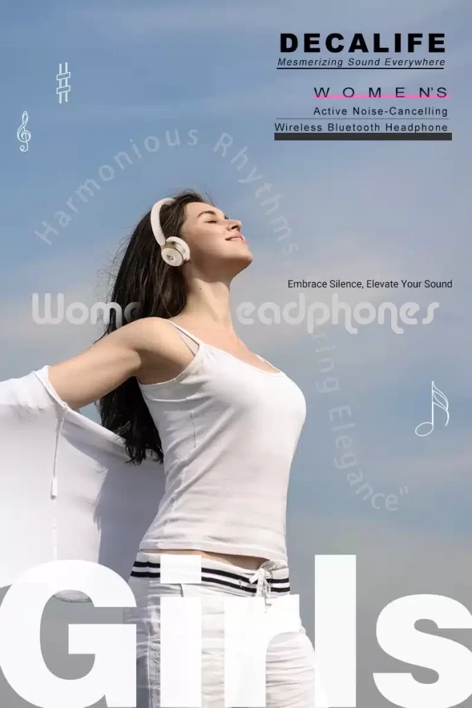 Poster featuring a female model with active noise-canceling Bluetooth headphones, evoking an elegant and immersive atmosphere