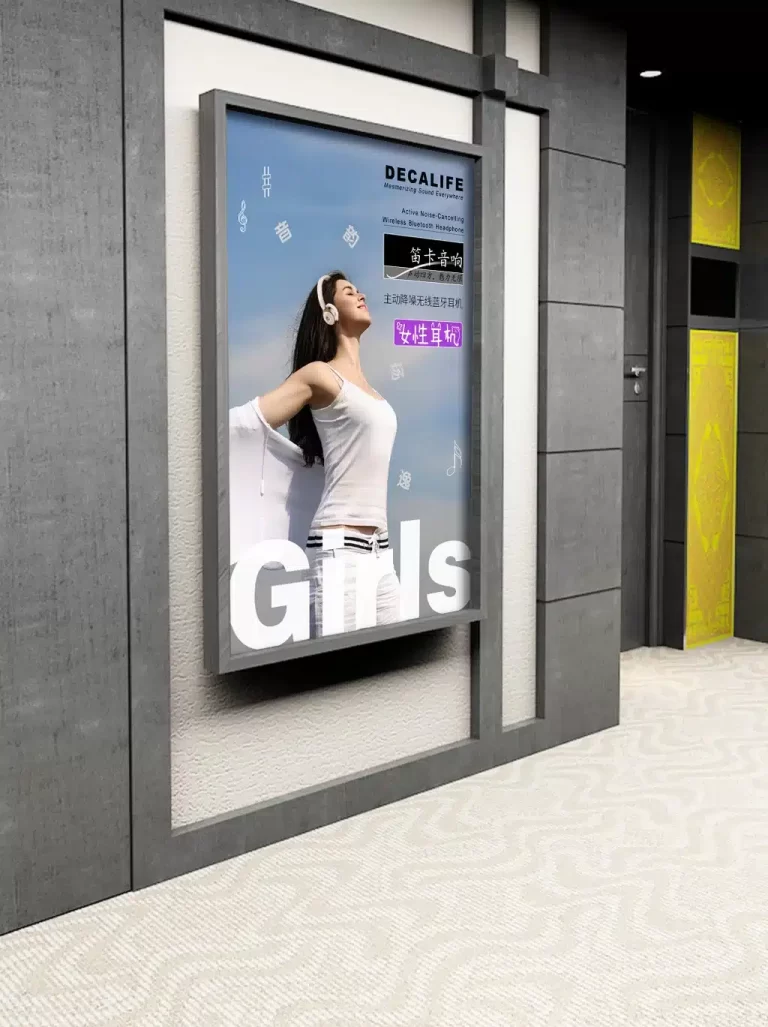 Indoor poster design featuring a female model with active noise-canceling Bluetooth headphones, creating an elegant and immersive atmosphere
