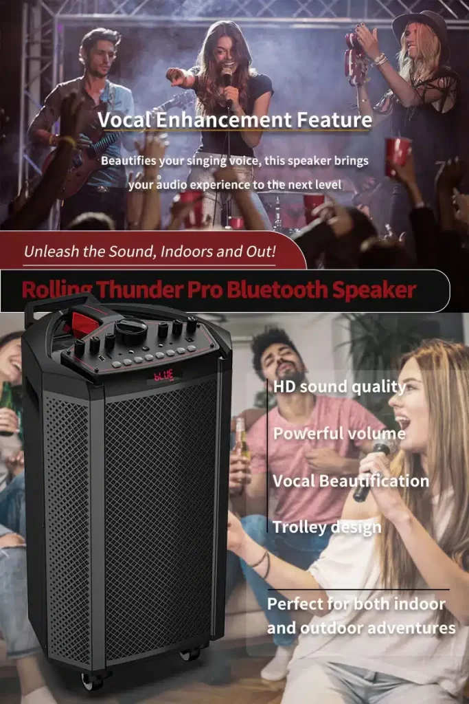 Poster of a trolley portable Bluetooth speaker with a mic, featuring a band performing on stage above and friends enjoying a karaoke party below