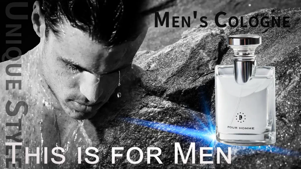 Horizontal banner for men's perfume featuring a confident man in black and white tones, with a blue laser effect on the bottle