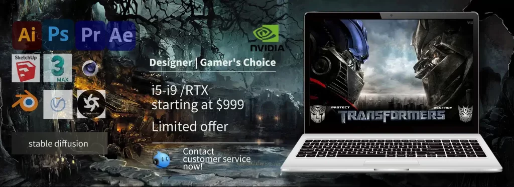 Horizontal poster for a laptop with a gaming theme featuring Transformers background and high-demand software