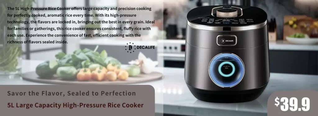 Photoshop composite poster featuring a rice cooker on a kitchen island with fruit on the left and soft sunlight streaming in