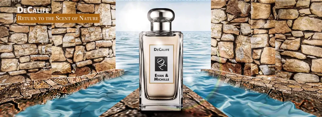 Horizontal perfume poster with natural ancient stone surroundings, an ocean backdrop, bright sunlight, and water pools on either side of the product
