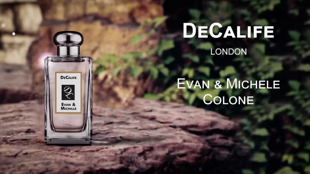 Perfume poster design with a romantic sunset, placed on natural stone with a Spanish-style outdoor backdrop