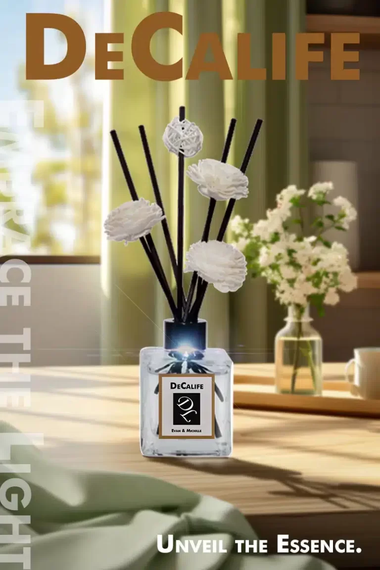 3:4 poster of a transparent glass perfume bottle on a wooden table, with sunlight streaming into the room, creating reflections and light flares