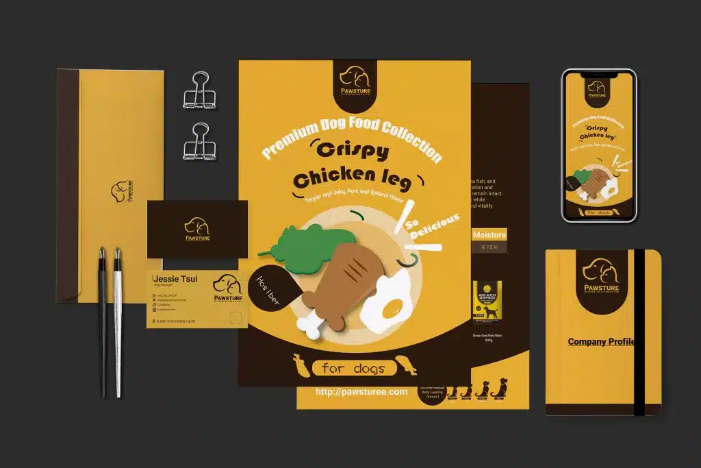 A range of branding materials including a dog food flyer, mobile page, envelope, business card, and company profile, all using the same color and format for a cohesive design identity
