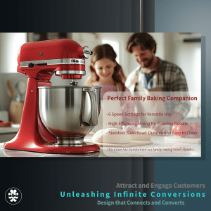 Amazon A+ Content lifestyle image of a mixer showcasing its quality, features, and contribution to a warm family life, with a message of attracting and engaging customers