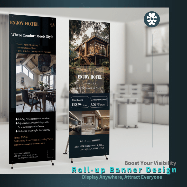 Roll-up banner design for a guesthouse advertisement with the message 'Boost Your Visibility, Roll-up Banner Design, Display Anywhere, Attract Everyone.