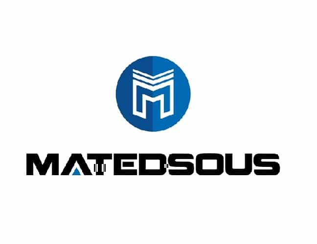 Matedsous logo featuring a stylized "M" inside a blue circular icon with wave-like lines above it.