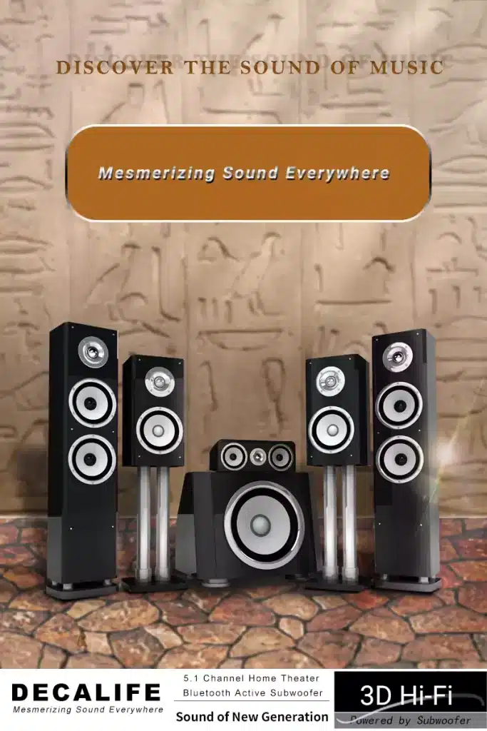 Poster for a 5.1 home theater audio system against an ancient hieroglyphic wall and stone floor, with the slogan "Discover the sound of music"