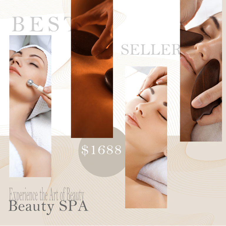 A beauty salon showcasing its best-selling treatments with the theme "Experience the Art of Beauty" featuring relaxing facial treatments, skincare rituals, and wellness services.