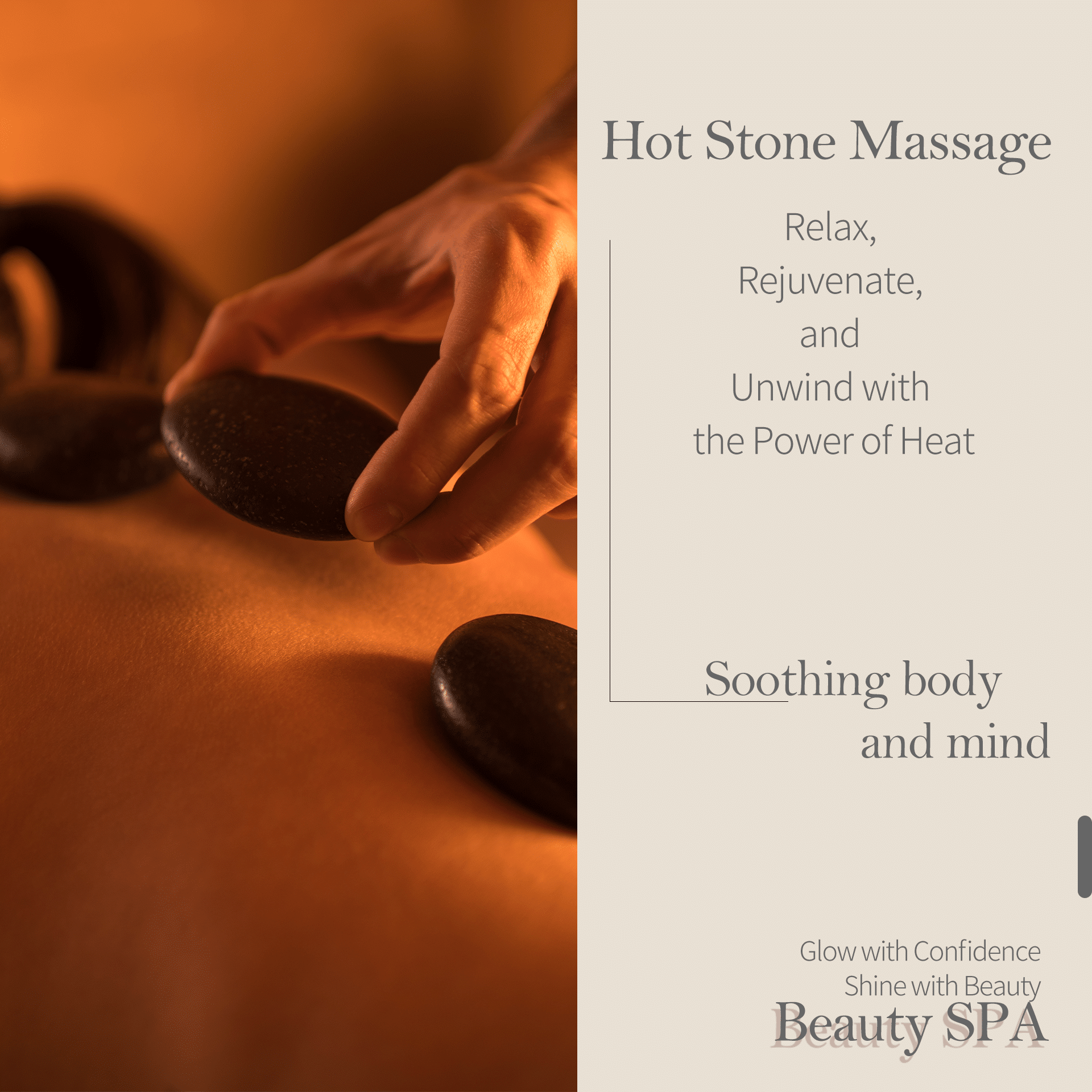 A relaxing hot stone massage session with smooth, heated stones placed on the back to relieve muscle tension and promote relaxation.