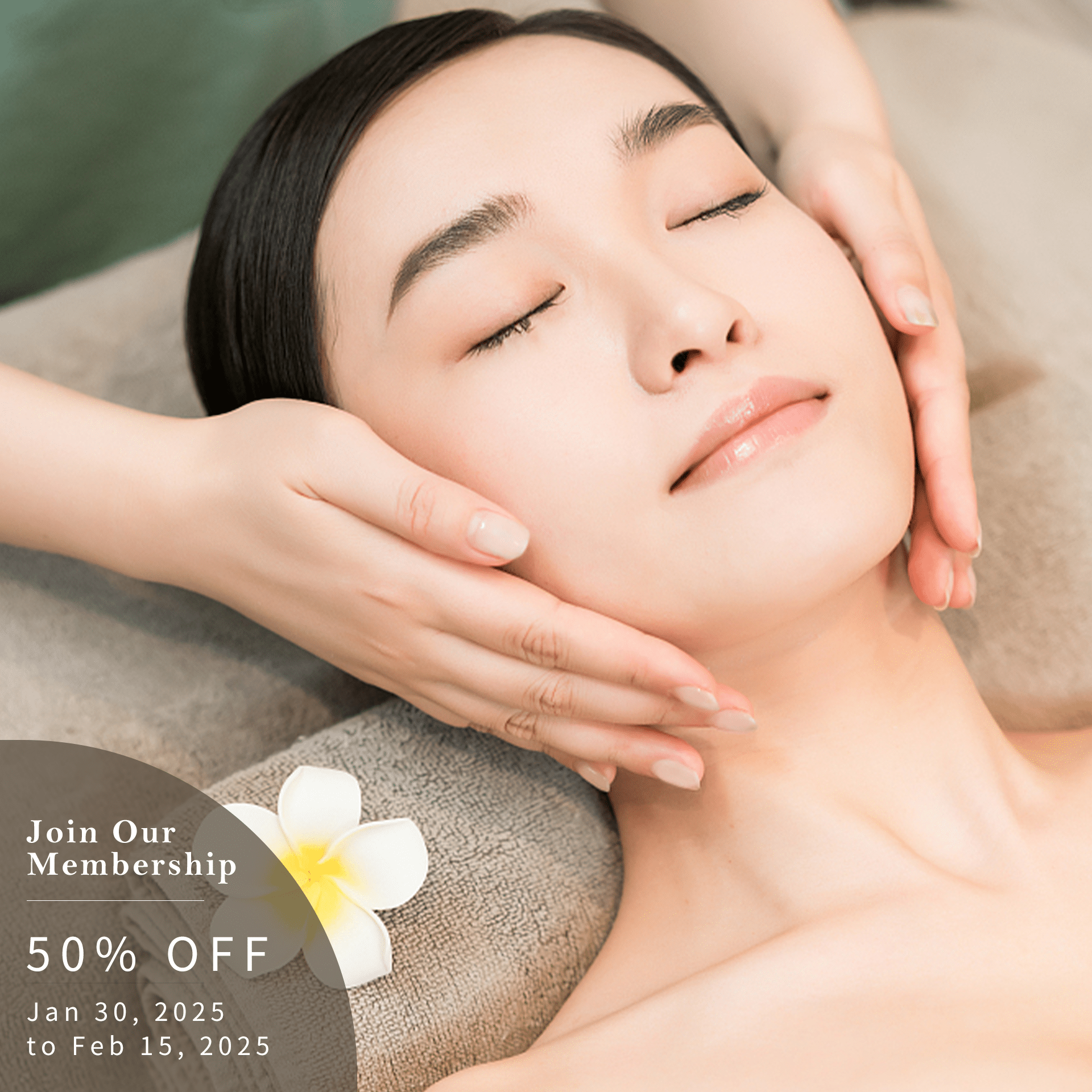 A promotional image featuring a woman receiving a facial treatment with text highlighting "Join Membership 50% Off" for beauty and skincare services.