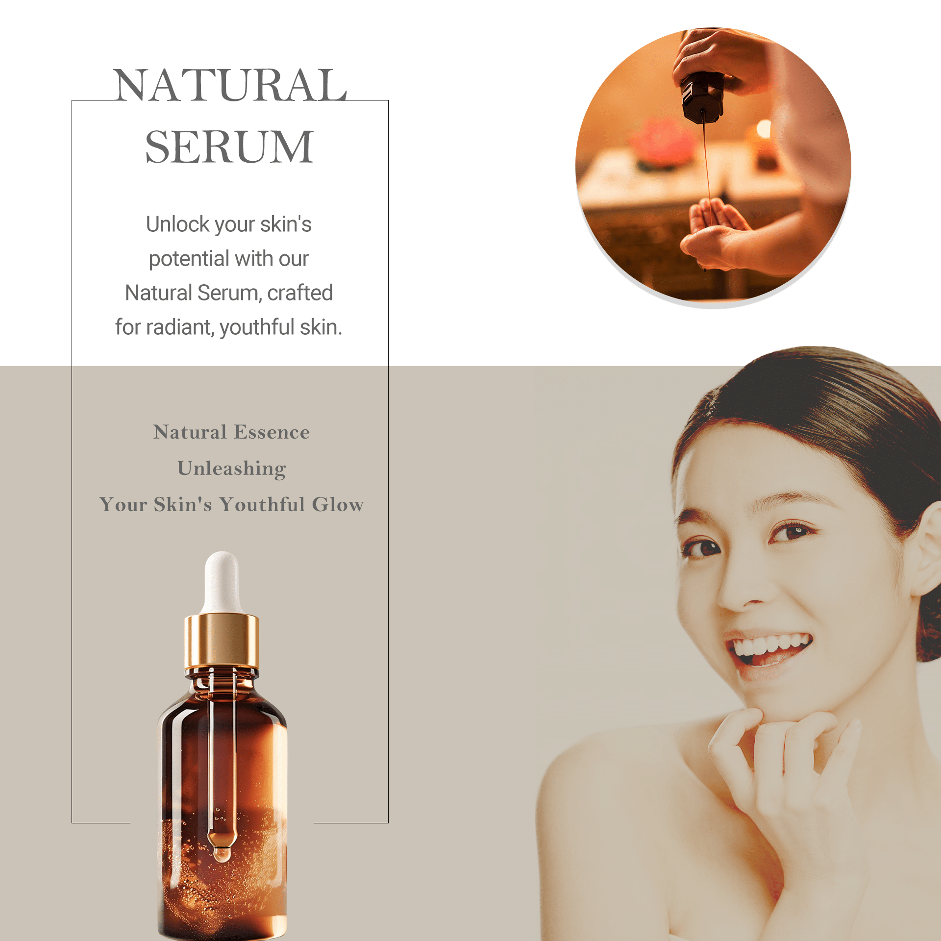 A sleek bottle of Natural Serum designed to enhance radiant, youthful skin with nourishing ingredients.