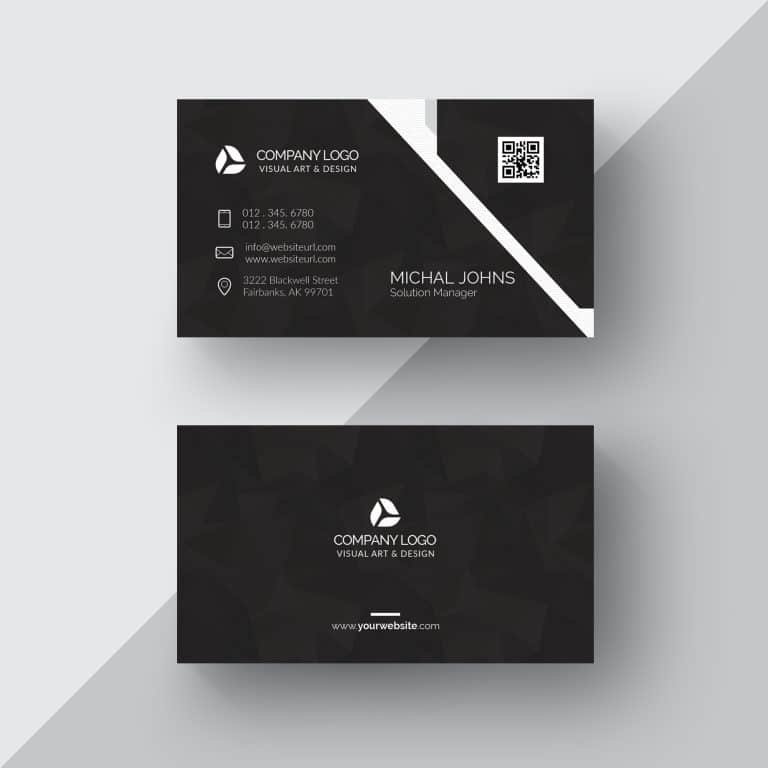 A sleek, modern business card design featuring a black background, white logo, white text, and a QR code for easy digital contact sharing.