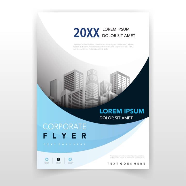 A modern cover design template with a white background, featuring gradient transitions from white to gray, white to light blue, blue, and black. It includes a city illustration, "Corporate Flyer" text, and placeholders for the company name, year, theme, and tagline, along with home, user, and envelope icons.