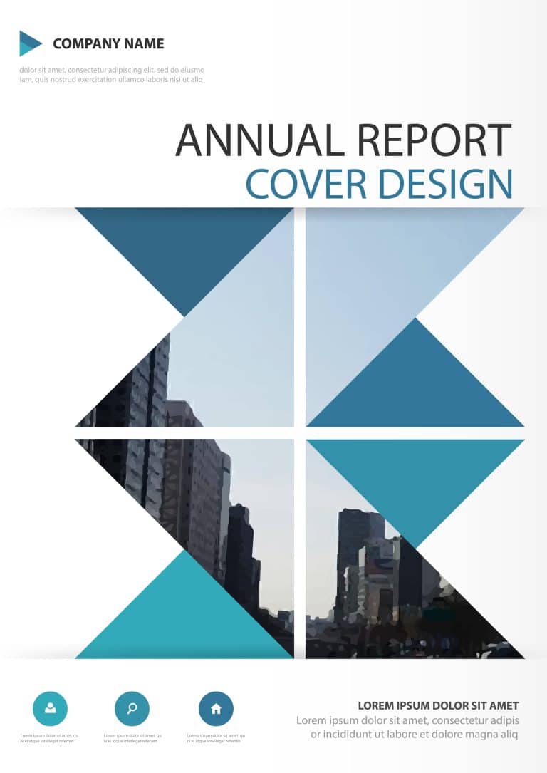 An annual report cover design template featuring deep blue and light blue triangles forming trapezoid and arrow shapes, incorporating an architectural photo cutout. Includes home, user, and search icons.