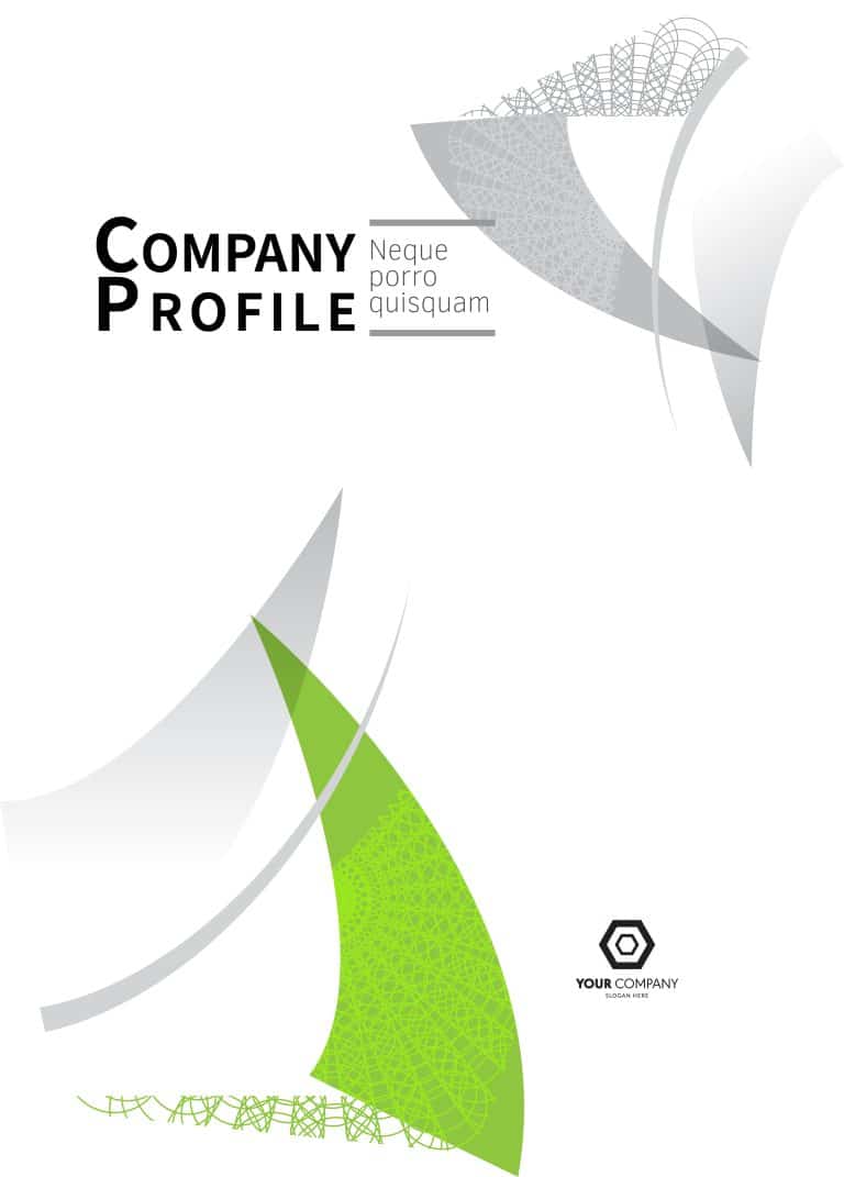 A company profile cover design template featuring a black-to-gray gradient background with green accents for a modern and professional look.