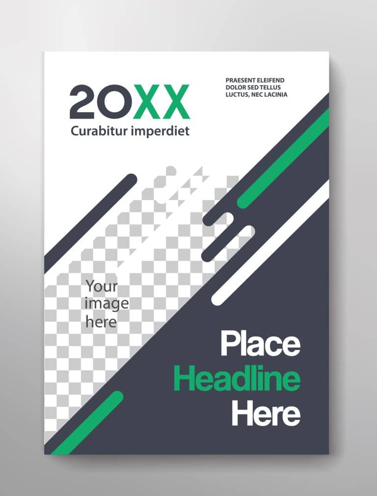 A corporate book template design featuring a white, dark gray, and green color scheme with placeholders for images, headlines, and customizable text, suitable for professional reports or company profiles.