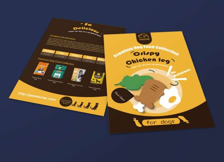 A pet food flyer design featuring a brown and yellow color scheme, symbolizing energy and elegance, promoting high-quality dog food for pet owners.