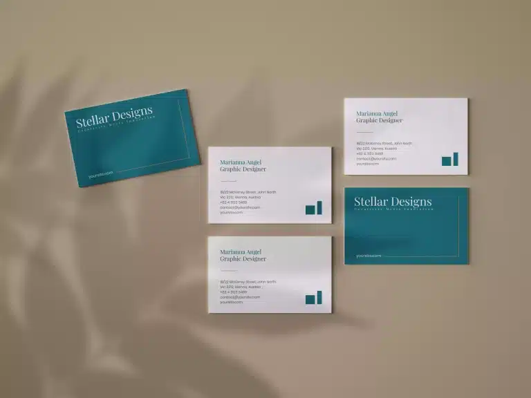 A professional business card design with a sea blue front featuring white company name and website, and a white or black back with blue logo and black text for a clean, modern look.