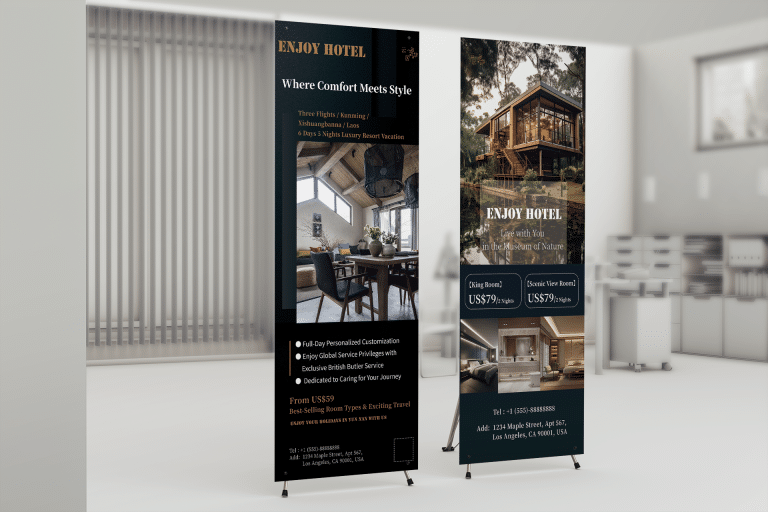 Double-sided roll-up banner design for a guesthouse, featuring a deep blue gradient on the front and scenic photos on the back.