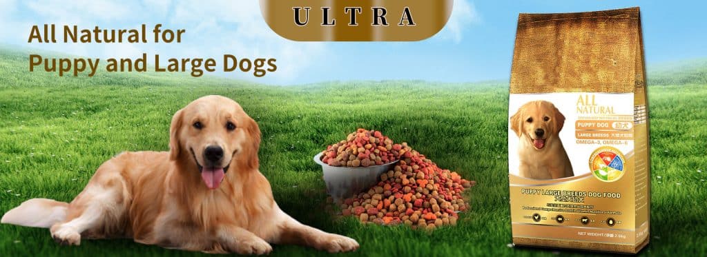 Golden retriever on a lush green grass field under a clear blue sky, with a bowl of dog food in the center and a dog food product on the right.