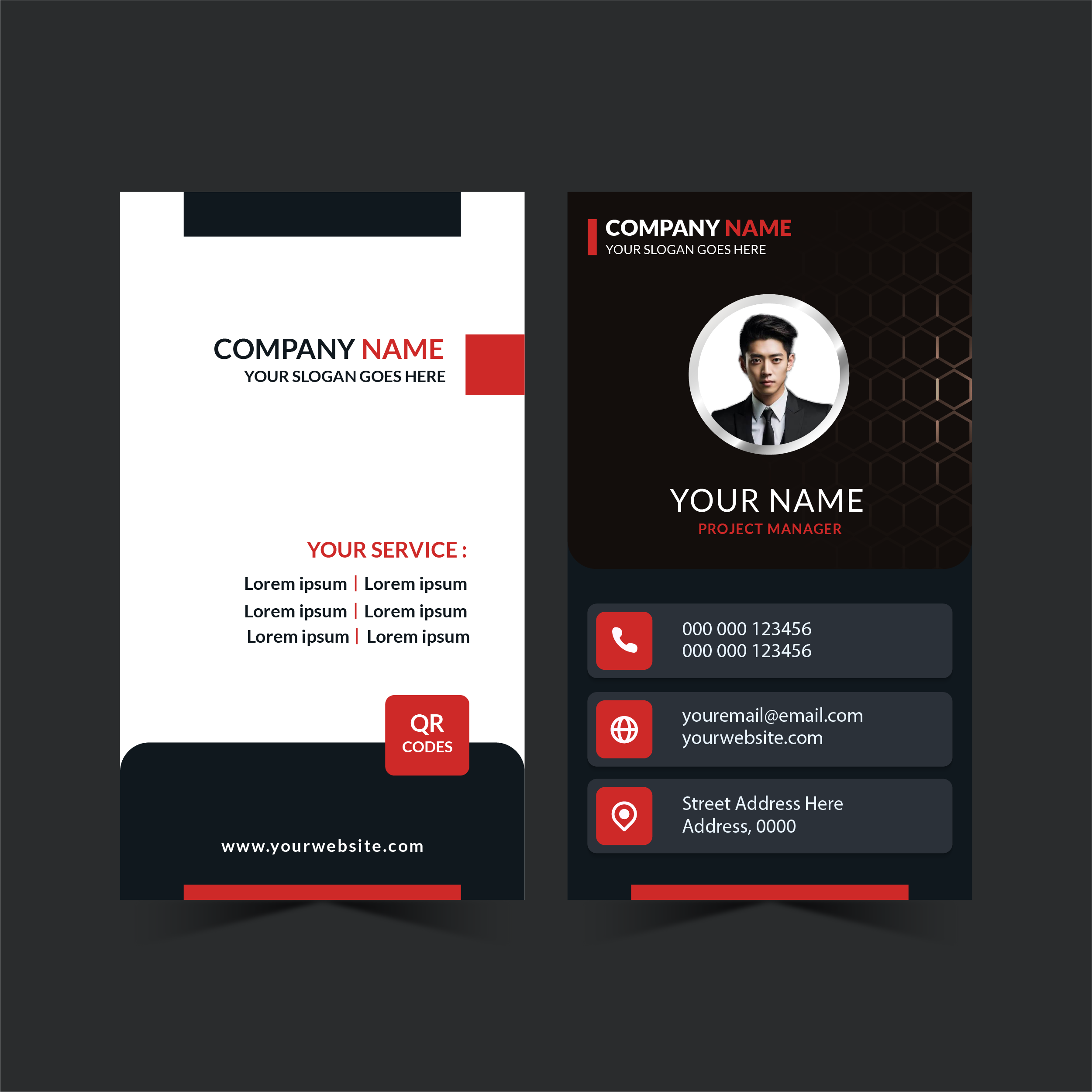A vertical, minimalist business card design featuring a clean layout with a professional photo, sleek typography, and ample white space for a modern look.
