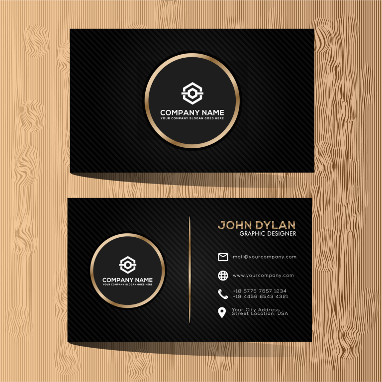 A luxurious and elegant black and gold business card template featuring a sleek black background with gold accents, designed for a sophisticated and professional impression.