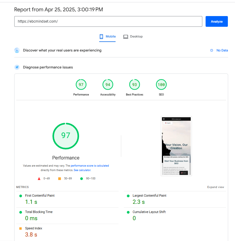 PageSpeed Test screenshot showing 93 performance score, demonstrating the importance of optimizing website speed during web design.